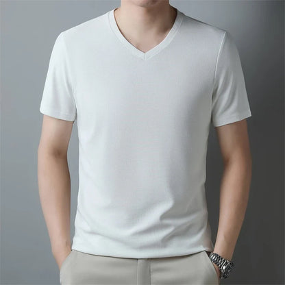 2024 Men's Waffle V Neck Short Sleeve T-Shirt Summer Comfortable Breathable Fashion Top in Solid Colors