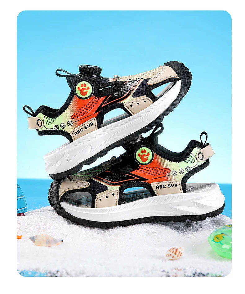 Kids Rotating Button Closed-Toe Sandals, Breathable Mesh Sport Shoes for Boys, Non-Slip Adjustable Summer Beach Sneakers