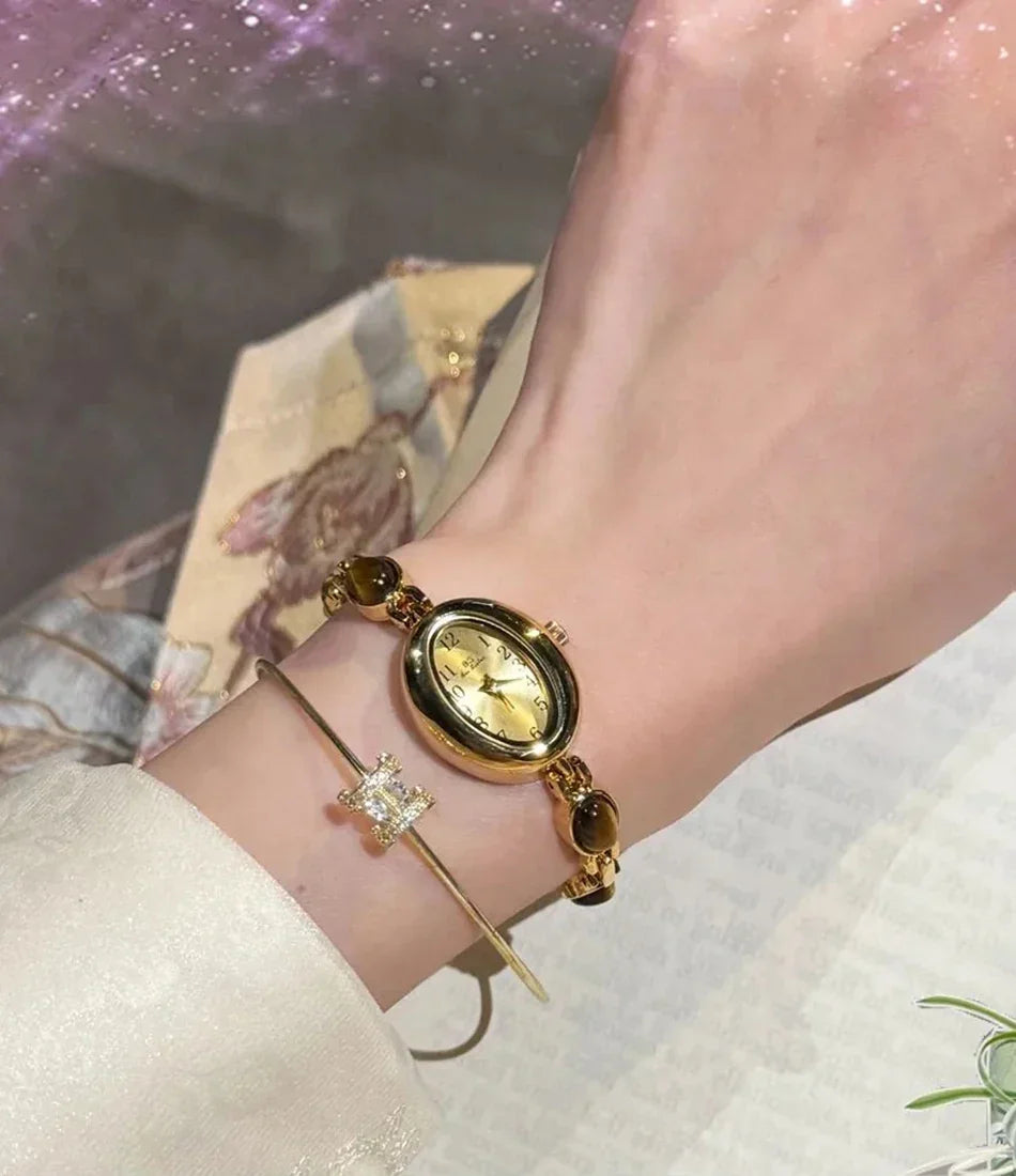 Luxury Vintage Quartz Women's Watches Fashion Natural Green Jade Bracelet Clock Numerals Small Oval Dial Watch Woman Accesories
