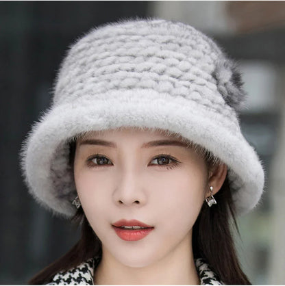Woman Hat Winter Solid Mink Caps With Flower Natural Mink Fur Hats New Russian Girl Soft Knitting Real Fur Bucket Hats 2026 Warm