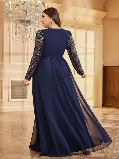 Vestidos de Noite Luxuosos Plus Size de Chiffon Manga Comprida Feminino Lantejoula Vermelho Festa Casamento Coquetel Formatura Comprimento Longo