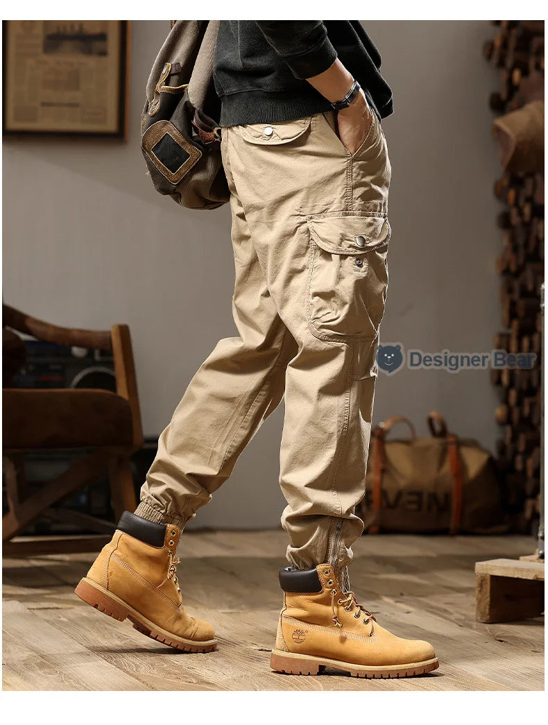 Brand Clothing 2026 Spring Summer Men's Baggy Cargo Pants Multi-Pocket Work Joggers Casual Cotton Tapered Trousers Long Pants