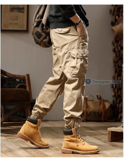 Brand Clothing 2026 Spring Summer Men's Baggy Cargo Pants Multi-Pocket Work Joggers Casual Cotton Tapered Trousers Long Pants