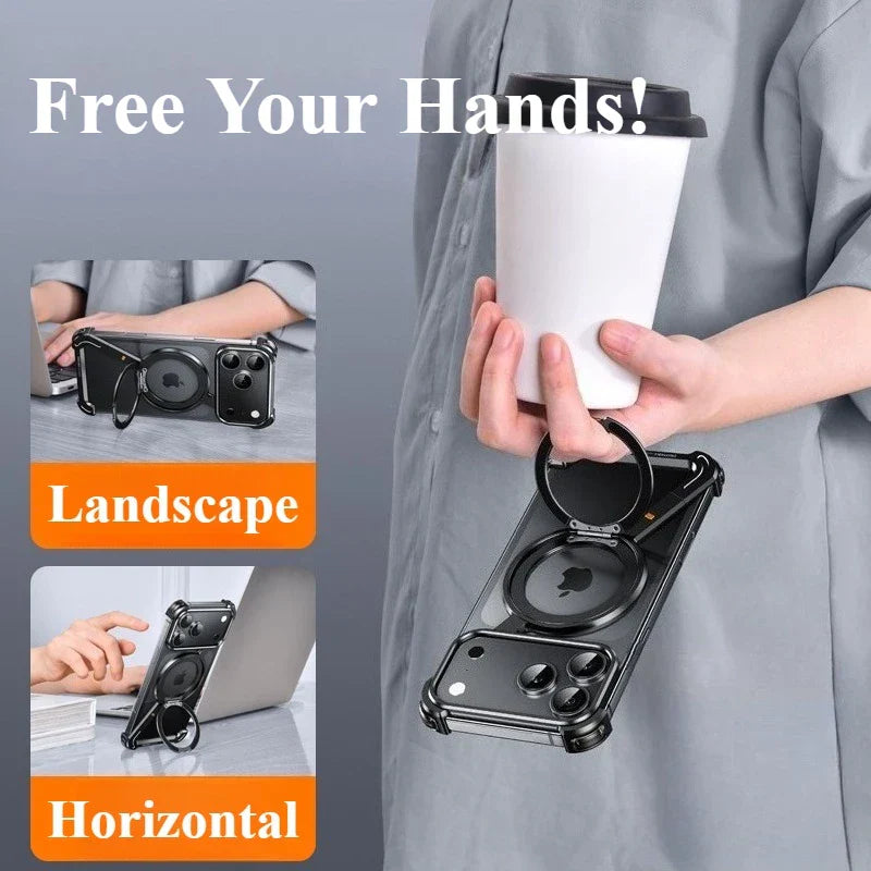 Metal Magnetic Phone Case for iPhone 17 Pro Max/17 Pro/17 Air Magsafe 360°Rotate Stand Frameless Shockproof Protector Cover