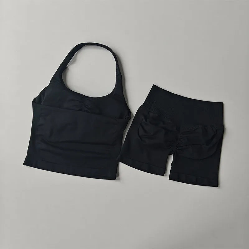 Seamless Halter Neck Yoga Wear Two Piece Women's Push up Sports Bra High Waist Tummy Control Butt Lift Fitness Shorts Set