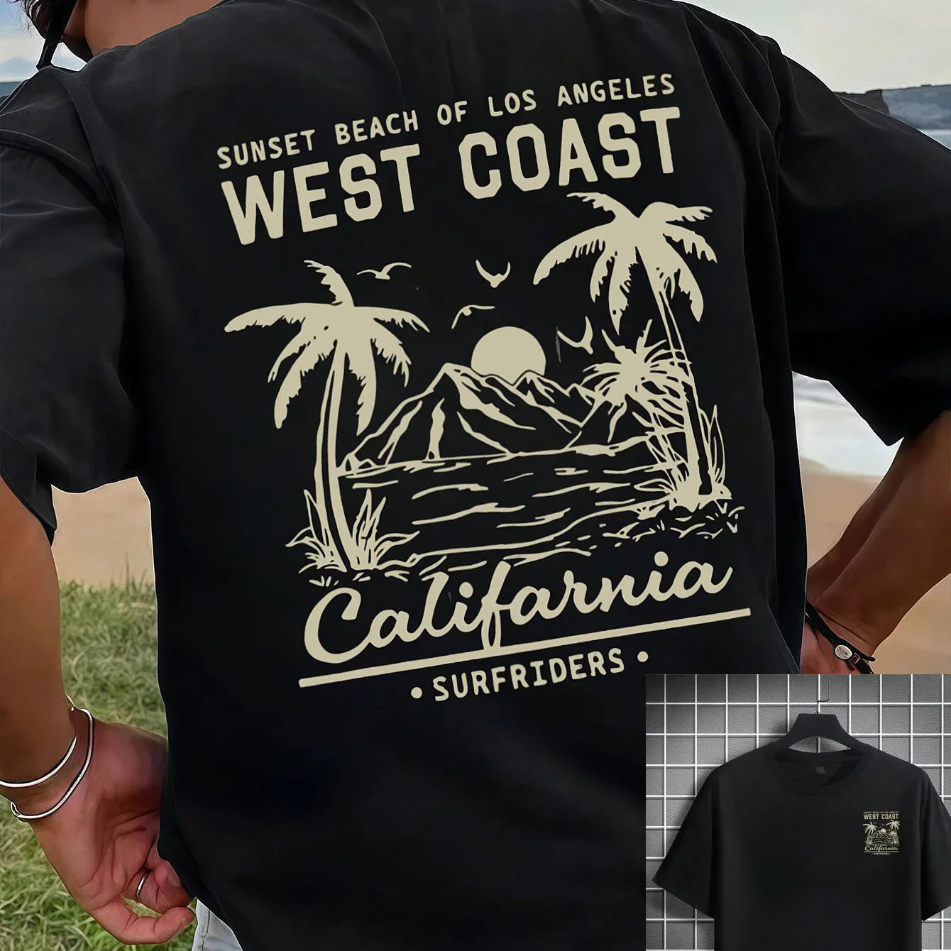 Summer Hot Selling Men's 100% Cotton T-Shirt, Casual Loose Fit, Retro California Beach Surf Print Short Sleeve Crew Neck T-Shirt