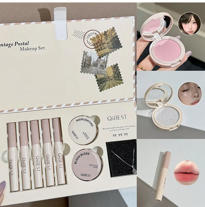 Retro Mail Makeup Set 5pc Matte Lip Mud,1 Blush,1 Highlight And 1 Necklace Gift Multipurpose Cosmetics Kits For Women