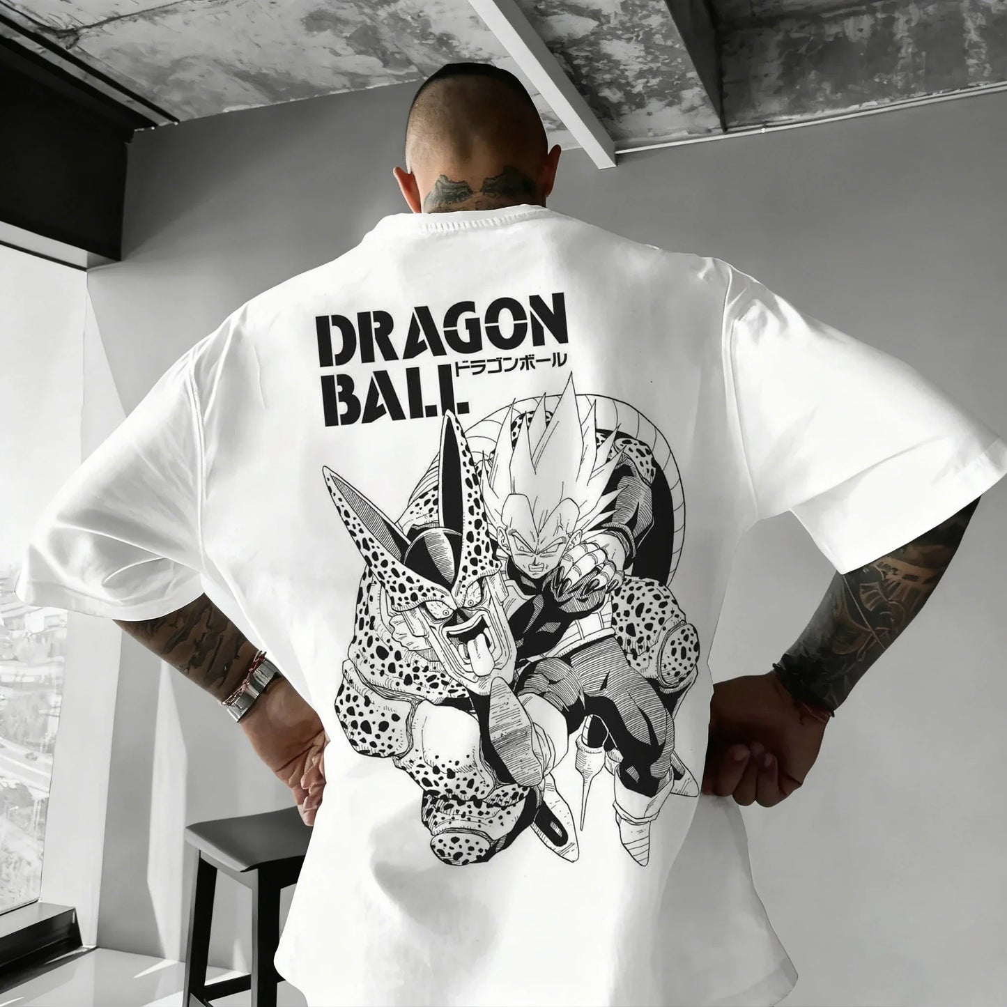 Oversized T-shirt High Quality 100% Cotton Kid Goku with Power Pole Line Art Print UnisexCasual Y2K