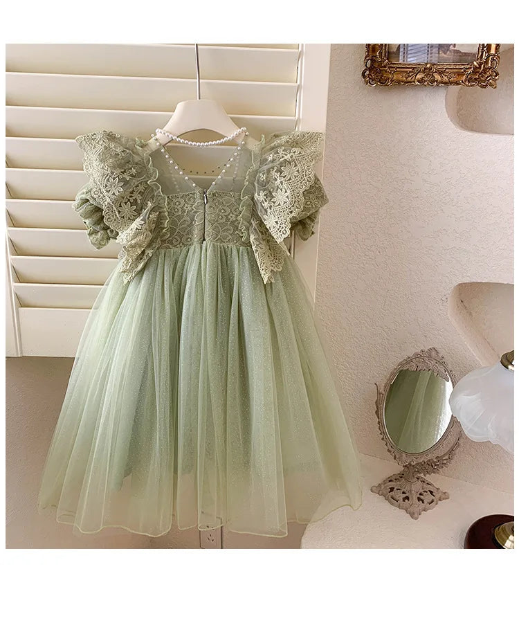 Kid Girl Elegant Light Green Dress for Children Intricate Lace Flutter Sleeves and Voluminous Sparkling Tulle Skirt Summer