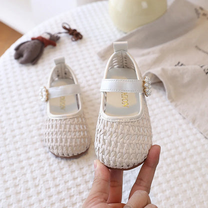 Spring Girl's Sandals Braided Pearl Hook-loop Chic Kid's Flat Shoe Solid Colors Anti-slip Casual Versatile Children Shoes 4-6Y