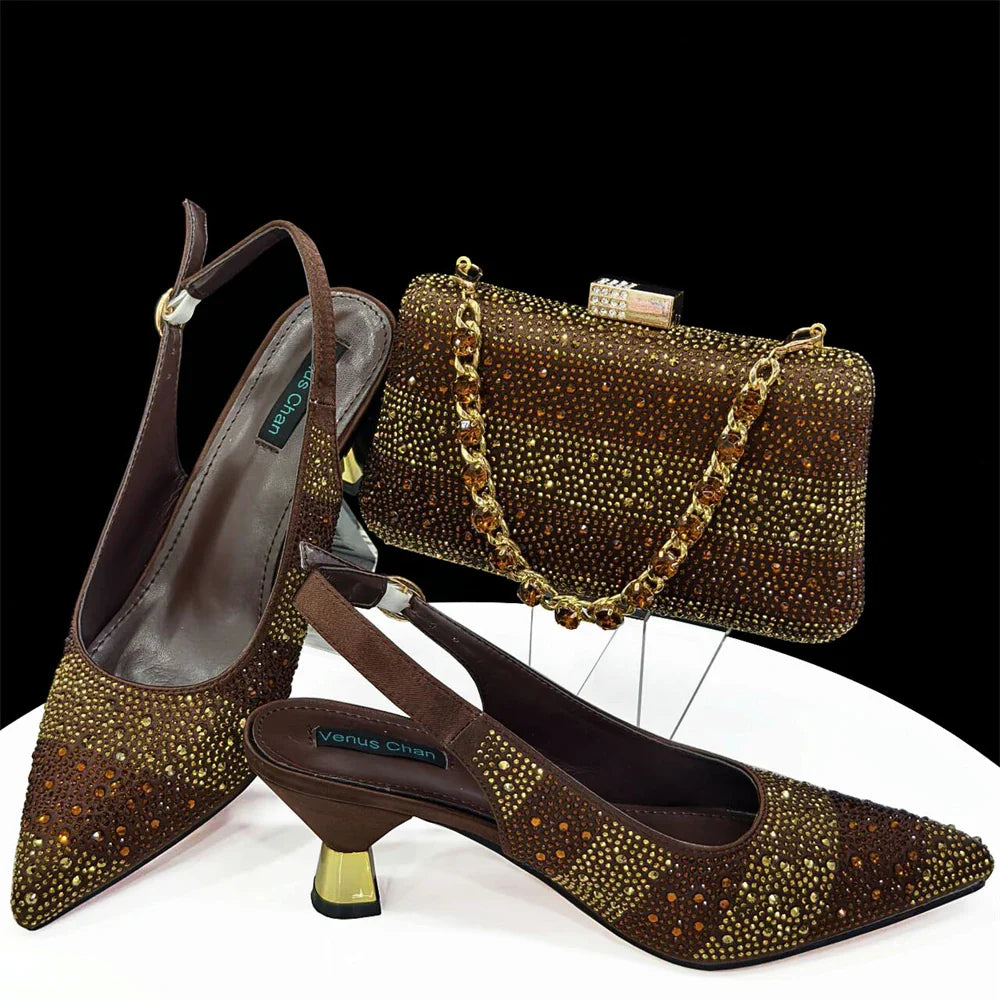 Elegant High Heels Shoes and Bag Set for Women Pointed Toe Black Color Hollow Rhinestones Matching Bag