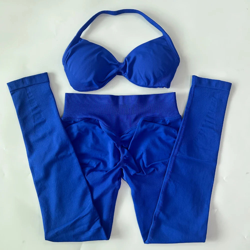 2 Pieces Set For Woman Strappy Yoga Bra Sports Top Workout Leggings Set Seamless Gym Set Fitness Clothes Outfit Activewear
