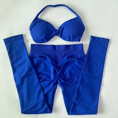 2 Pieces Set For Woman Strappy Yoga Bra Sports Top Workout Leggings Set Seamless Gym Set Fitness Clothes Outfit Activewear