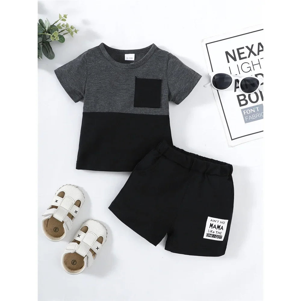 2PCS Summer Toddlers Boy Outfits Short Sleeve Pullover Color Block Top+Pants Fashion Casual Sports Set for Kids Boys 1-4 Years