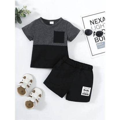 2PCS Summer Toddlers Boy Outfits Short Sleeve Pullover Color Block Top+Pants Fashion Casual Sports Set for Kids Boys 1-4 Years