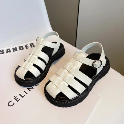 Children's Summer Sandals Girls Woven Baotou Princess Shoes Non-slip Hollow Roman Soft Sole Leather Shoes Buckle Roman Slippers