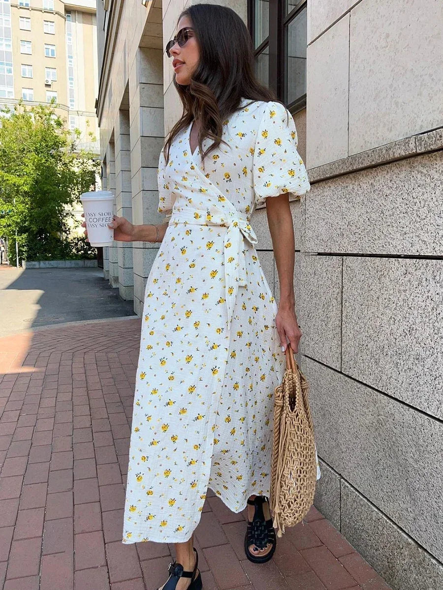 Summer Women Psrinted Dress Lace Up Short Sleeve Fashion Office Lady Long Dress 100% Cotton Daily Casual V-neck Skirt