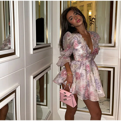 Fashion Flower Printed Ruffles Mini Dress For Women Chic Chiffon Bodycon High Waist Vestidos 2025 Lady Vacation Street Gowns New
