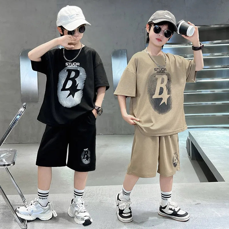 New Summer Teenager Boys Clothing Set Cotton Letter Short Sleeve T-shirt Shorts 2Pcs For 4-14 Years Kids Tracksuits Child Cloth