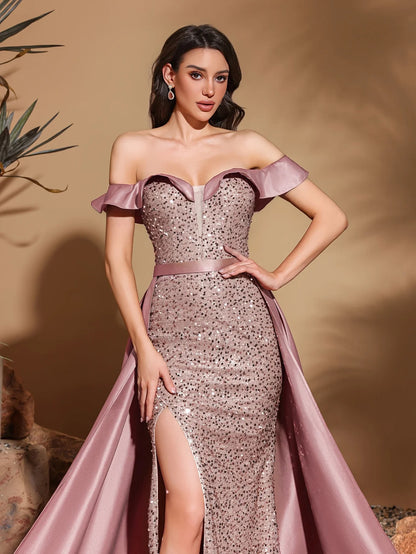 Sequined off-the-shoulder pleated collar satin floor-length dress