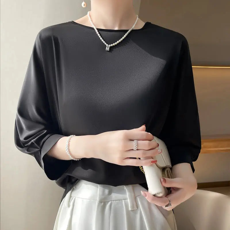2026 New In Summer Satin Silk Half-Sleeve Tee Tops Basic Solid Women‘s T-Shirt Casual O-neck Thin Shirts Ladies Loose Blouses