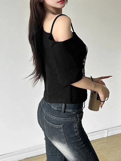 Tee Y2k Letter Print Off Shoulder Punk T-shirts Women Harajuku Summer Streetwear Grunge T Shirt Aesthetic Sexy Crop Tops