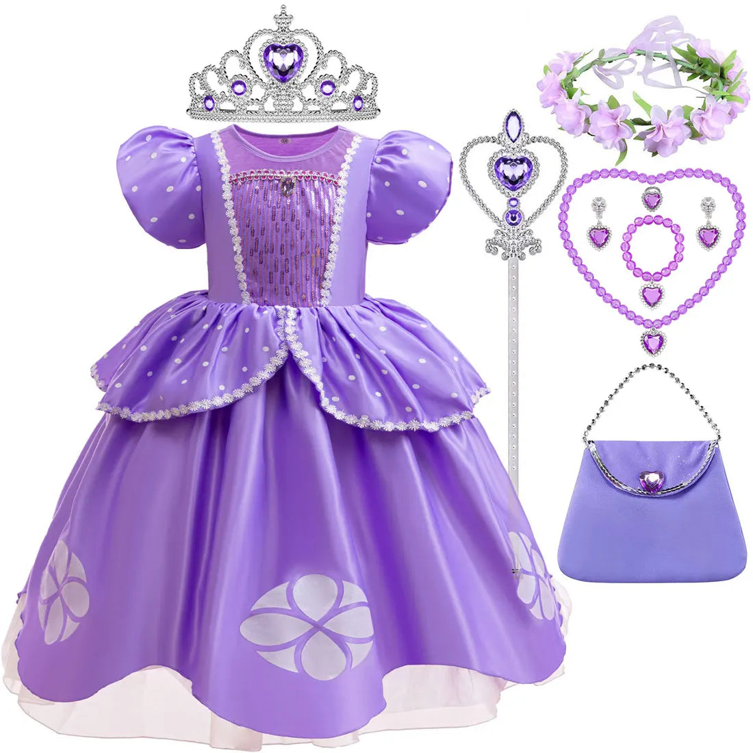 Sofia Princess Dress For Girl Summer Dress Birthday Carnival Party Sophia Sleeve Fluffy Ball Dress + Accessories