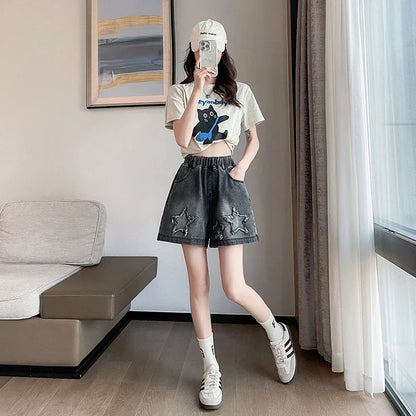 L-6XL Plus Size Denim Shorts For Women Summer 2025 High Waist Black Loose Wide Leg Short Jeans Women Star Large Size Short Jeans