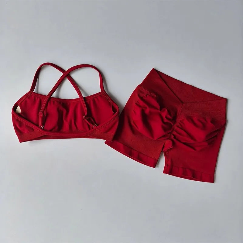 2PCS Women's High Waist Seamless Yoga Gym Set Sports Bra Top with Scrunch Shorts Fitness Workout Sportswear