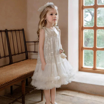Summer Kid Girl Dress Peter Pan Collar Baby Glitter Mesh Princess Birthday Party Dress 2026 Gauze Dress For Children Girl