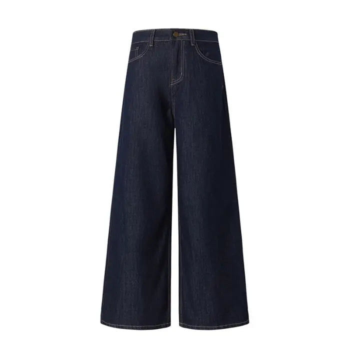 Vintage Washed Wide Leg Jeans Women Deep Blue High Waist