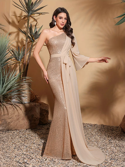 Sequined one-shoulder chiffon patchwork belt-decorated hip dress