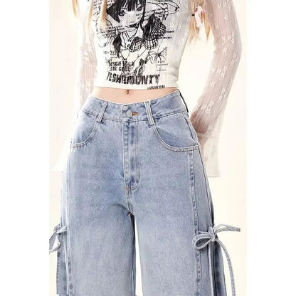 Women Vintage Streetwear Bow Bandage Wide Leg Denim Pants