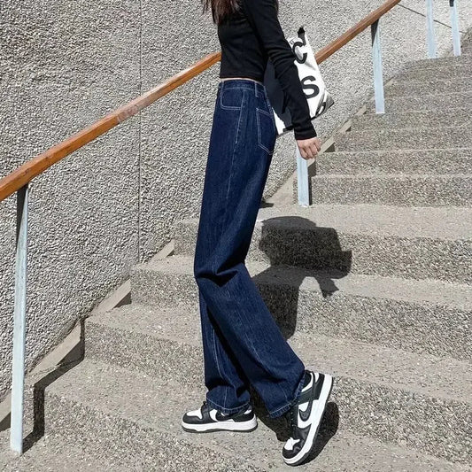 High Waist Loose Women's Jeans Straight Leg Wide Leg Pants