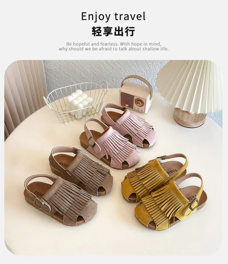 2025 Summer New Girls' Sandals Korean Style Tassel Princess Shoes Frosted Leather Hollow Sandals Comfortable 23-31