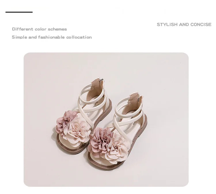 Girls' Sandals 2024 Summer New Children's Flower Princess Shoes Soft Sole Anti Slip Baby Girls' Roman Sandals