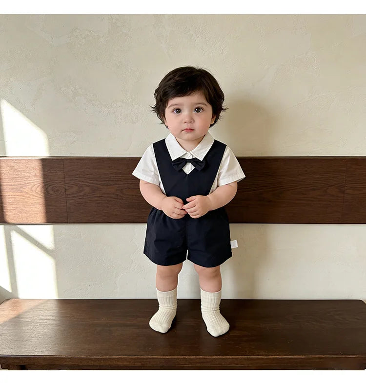 Baby Boys Gentleman 2pcs Overalls Set Bow Tie White Shirt+Suspender Shorts 1st Birthday Outfits Kids Handsome Suit