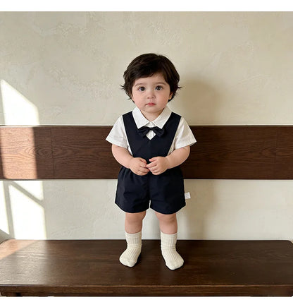 Baby Boys Gentleman 2pcs Overalls Set Bow Tie White Shirt+Suspender Shorts 1st Birthday Outfits Kids Handsome Suit