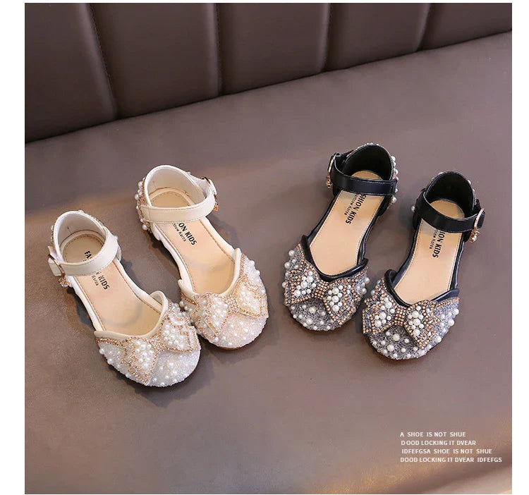 Cute Rhinestone Decorated Girls Shoes, Sweet Princess Style Flats for Wedding & Party, Soft Leather Children’s Dress Sandals