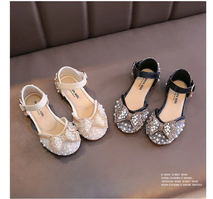 Cute Rhinestone Decorated Girls Shoes, Sweet Princess Style Flats for Wedding & Party, Soft Leather Children’s Dress Sandals