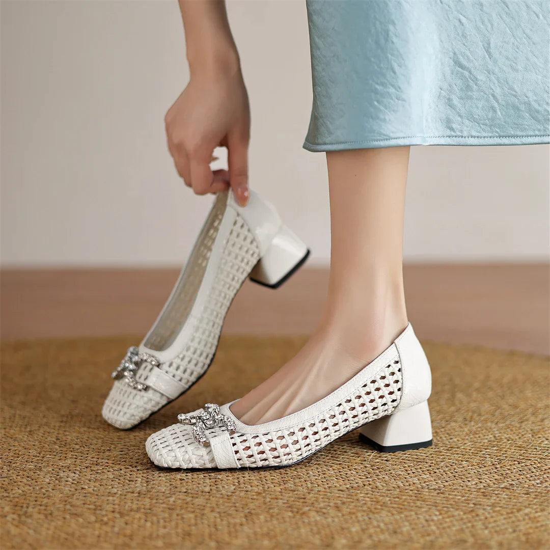 Women's genuine leather braided microfiber patchwork summer breathable pumps crystal buckle 4cm thick med heel daily dress shoes
