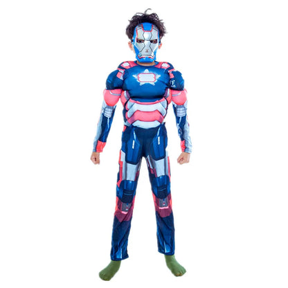 Kids Superhero Muscle Costume Blue Iron Man Jumpsuit with Mask Halloween Party Cosplay Performance Outfit Comfortable Breathable