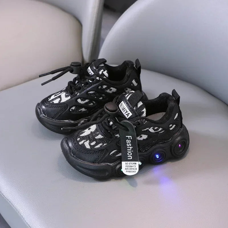Sneakers Kids Fashion LED Light Shoes Letter Webbing Mesh Breathable1-6years Old Luminous Shoes Casual Sports Shoes Boys Shoes