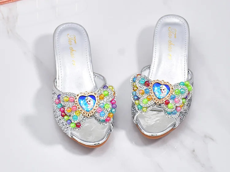 Girls High Heels Shoe Slippers Children Slippers Bow A Word Drag Sandals Soft Bottom Kids Party Wedding Performance Princes Shoe