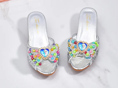 Girls High Heels Shoe Slippers Children Slippers Bow A Word Drag Sandals Soft Bottom Kids Party Wedding Performance Princes Shoe