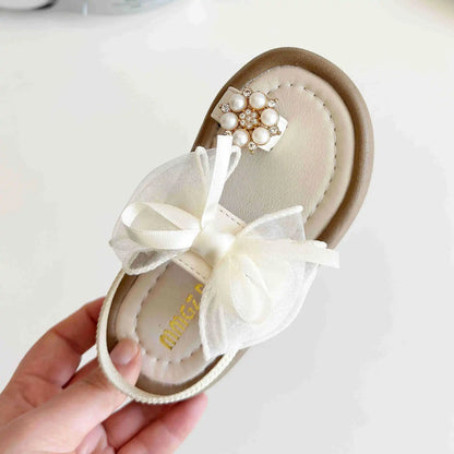 Summer Girl's Sandals Clip-toe Bowknot Elastic Band Soft Sole Kids Sliders Beautiful Pu Leather Chunky Morden Children Shoes