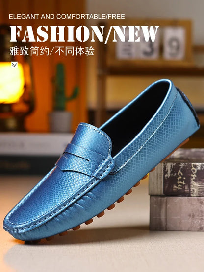 Mocassins Masculinos de Couro Azul de Luxo Moda Casual Confortável para Homens Designer Sapatos Slip-on Planos Masculinos zapatos hombre