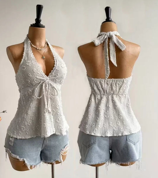 Ladies' Summer V-neck Lace Neck Strap Off Shoulder Leisure Vacation Easter Beach Wear Music Festival Top