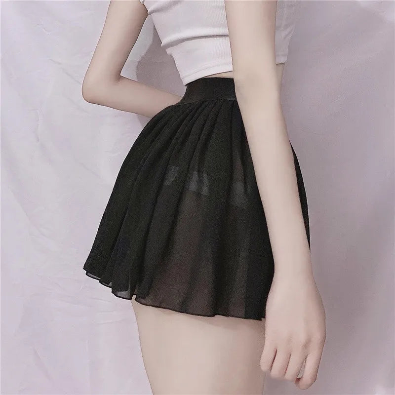 A-Line Pleated Mini Skirt Sheer Sexy Elastic High Waist Black White Solid Lace thin Short Skirts for Woman Spring Summer