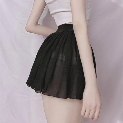 A-Line Pleated Mini Skirt Sheer Sexy Elastic High Waist Black White Solid Lace thin Short Skirts for Woman Spring Summer